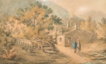 John Harden (1772-1847) British. "Mountainside Cottages, Lake District", Watercolour, Inscribed on a
