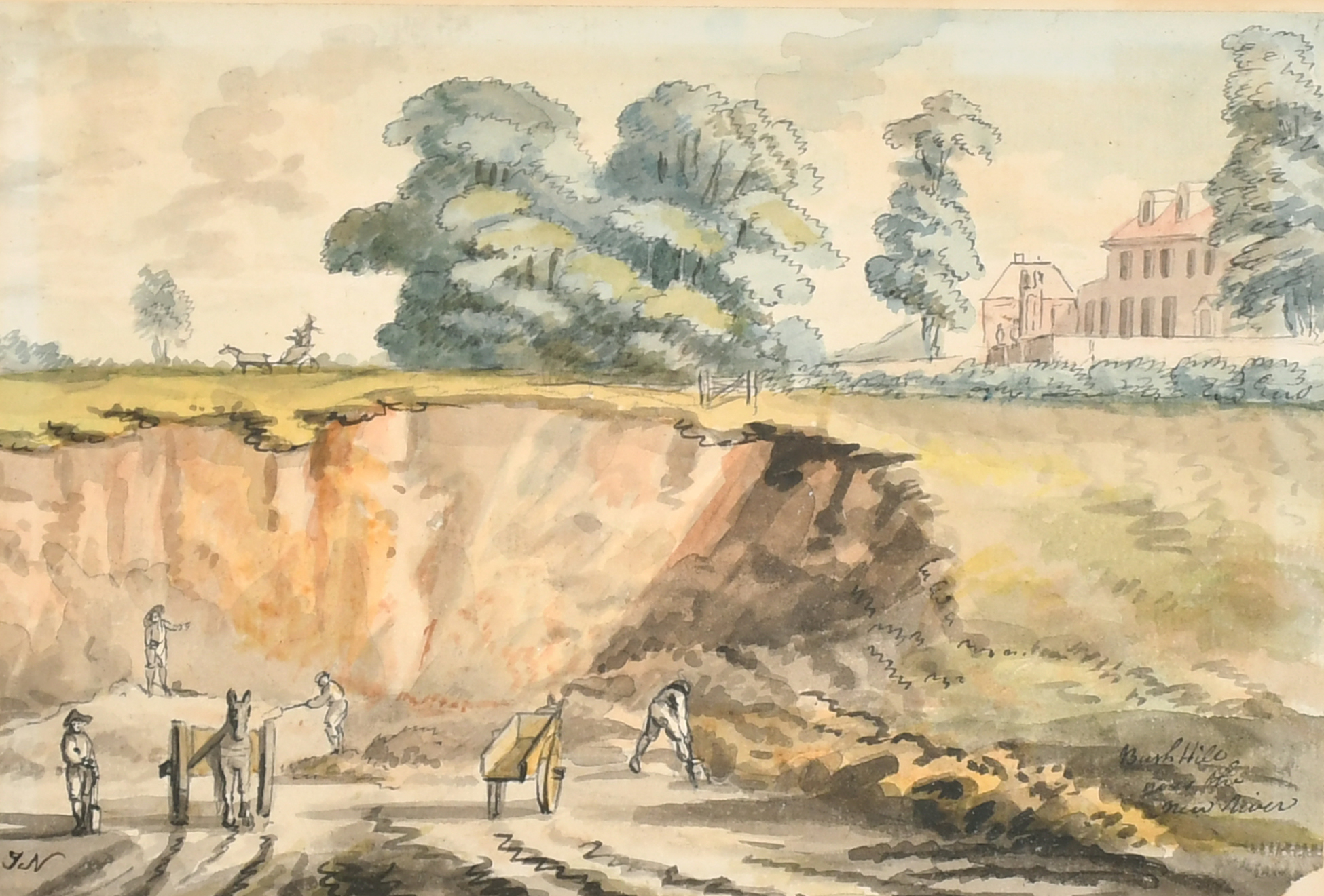 John Nixon (c.1750-1818) British. 'Bush Hill near the River', Watercolour, Signed with initials, and