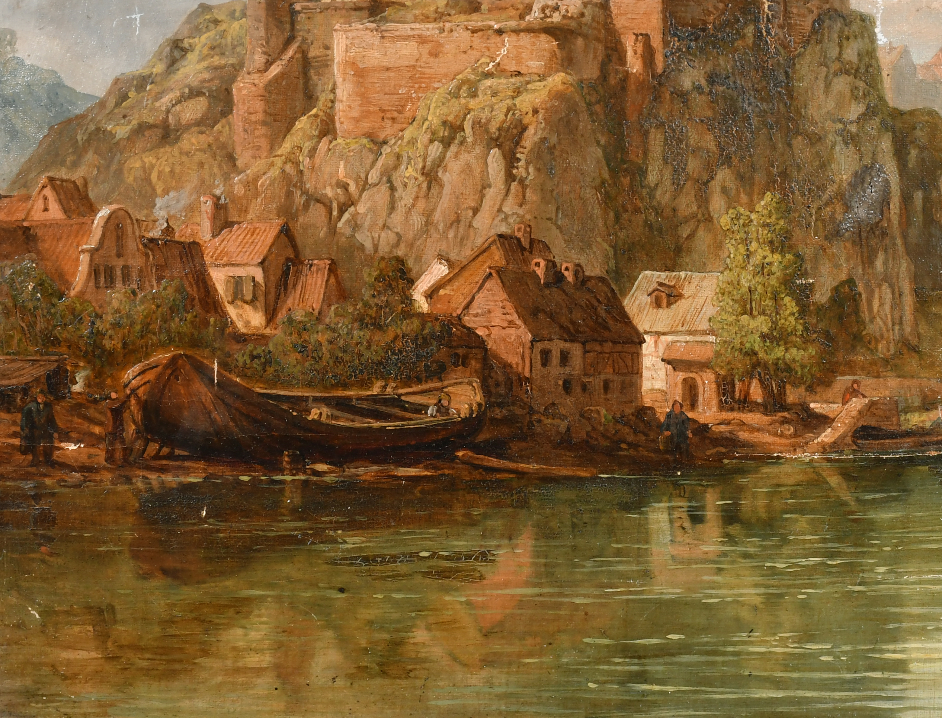 19th Century English School. Study of a Continental River Scene with Cottages, Oil on canvas laid