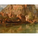 19th Century English School. Study of a Continental River Scene with Cottages, Oil on canvas laid