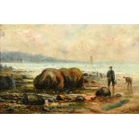 19th Century English School. A Beach Scene with Figures, Oil on board, indistinctly signed and dated