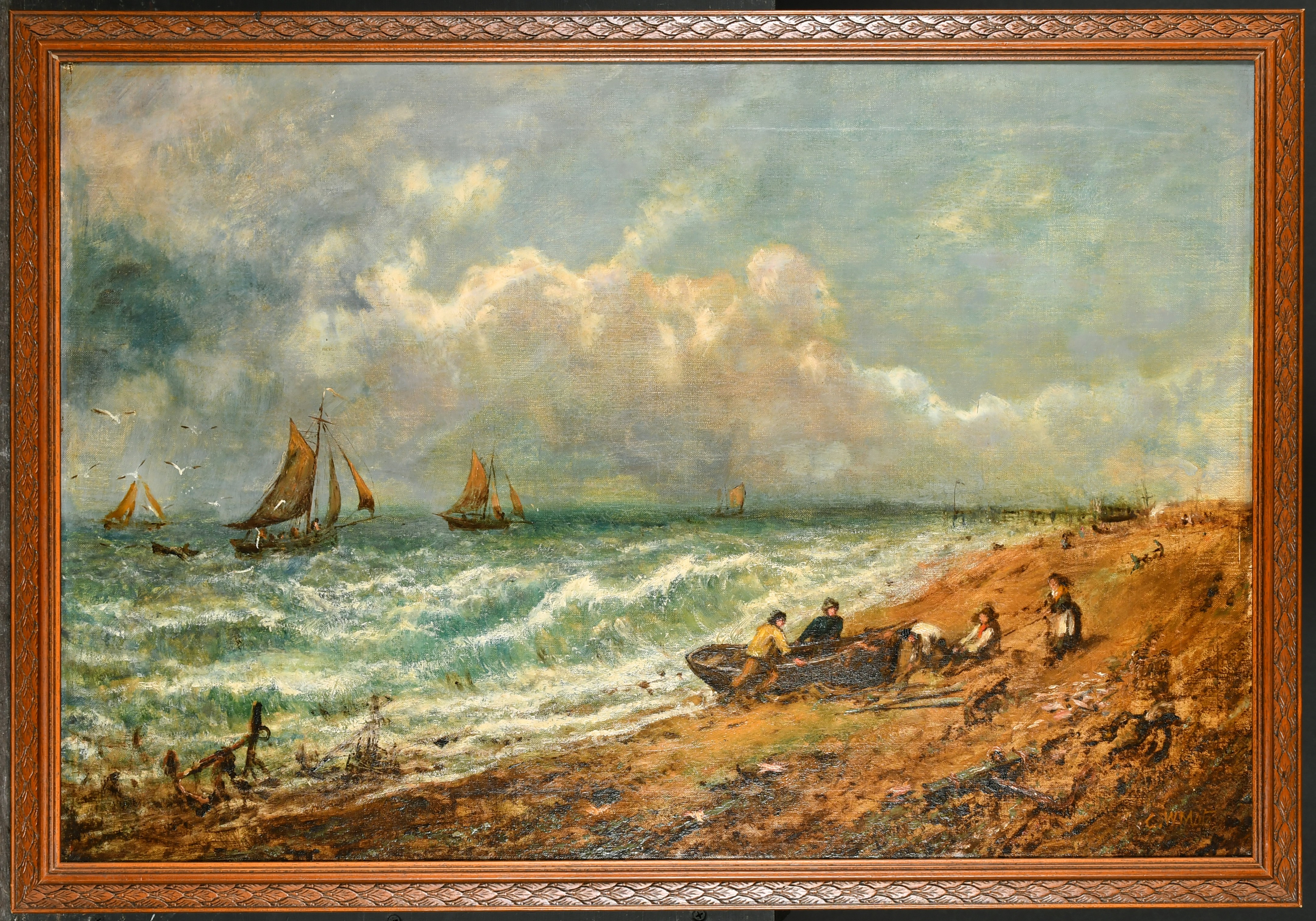 George William Mote (1832-1909) British. A Beach Scene with Figures, Oil on Canvas, Signed, 20" x - Image 3 of 6