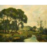 William Manners (1860-1930) British. A River Landscape with Cattle, Oil on canvas, Signed and