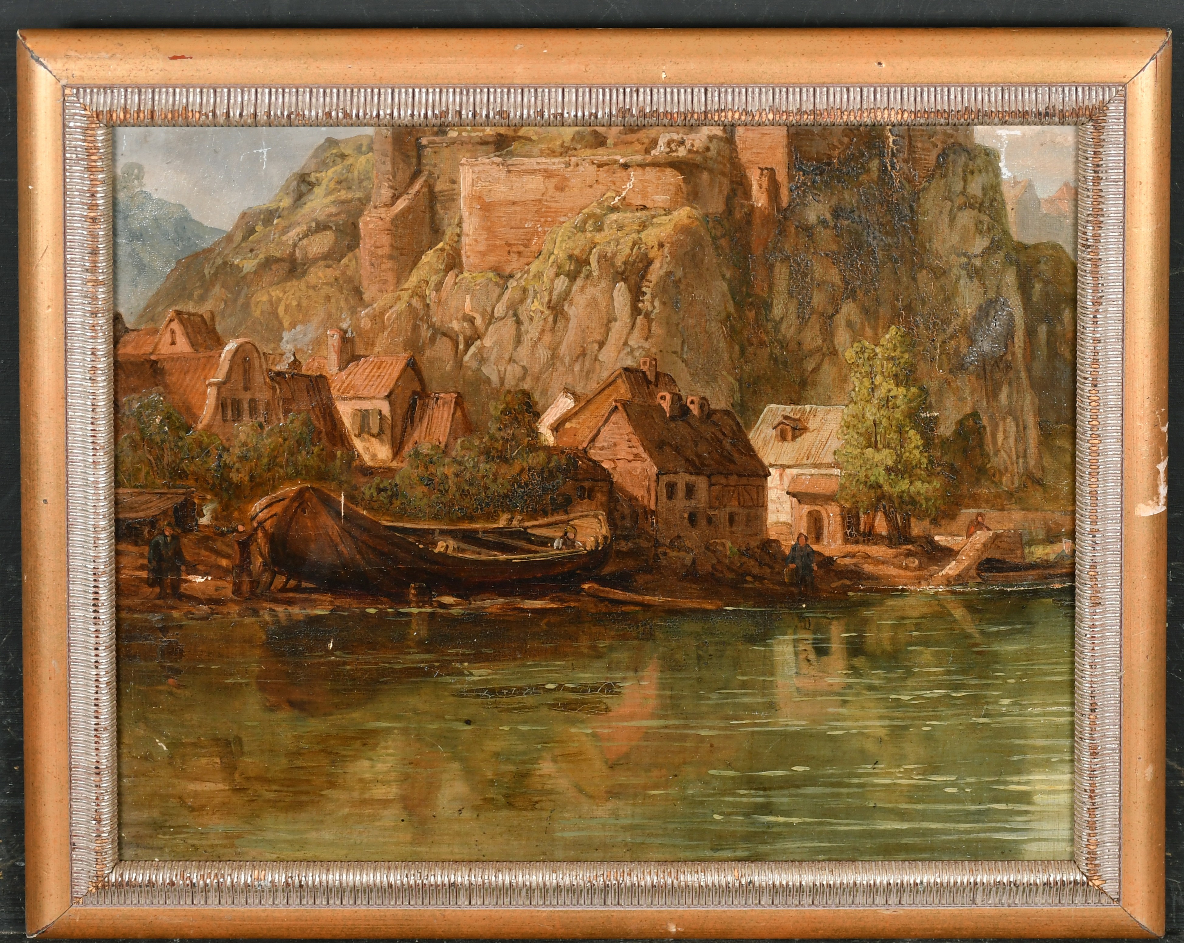 19th Century English School. Study of a Continental River Scene with Cottages, Oil on canvas laid - Image 2 of 3