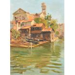 Luigi Moretti (1884-1950) Italian. A Canal Scene, Oil on artist's board, Signed, and inscribed