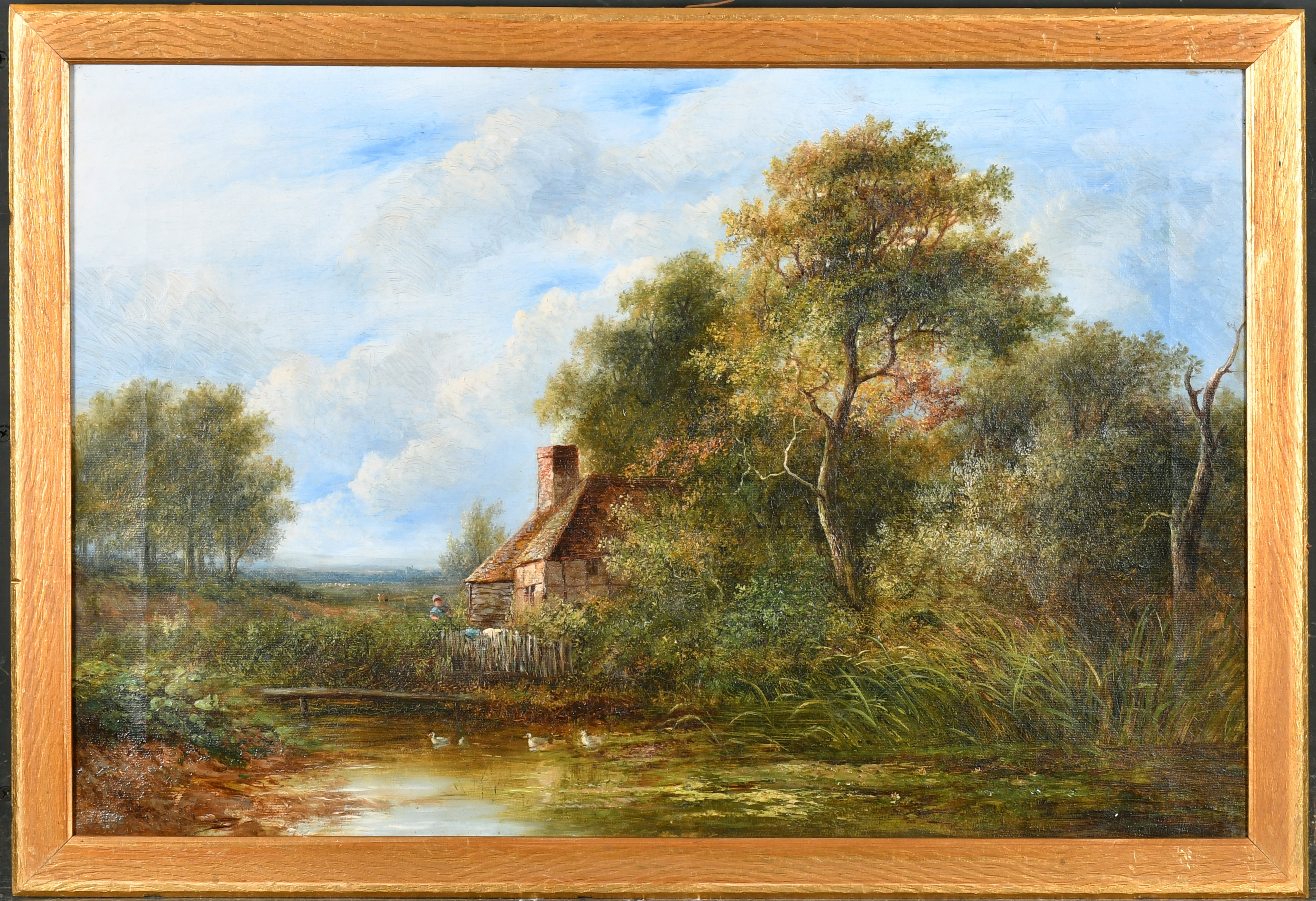 Joseph Thors (1835-1920) British. A River Landscape with Figures by a Cottage and Ducks on a Pond, - Image 2 of 3