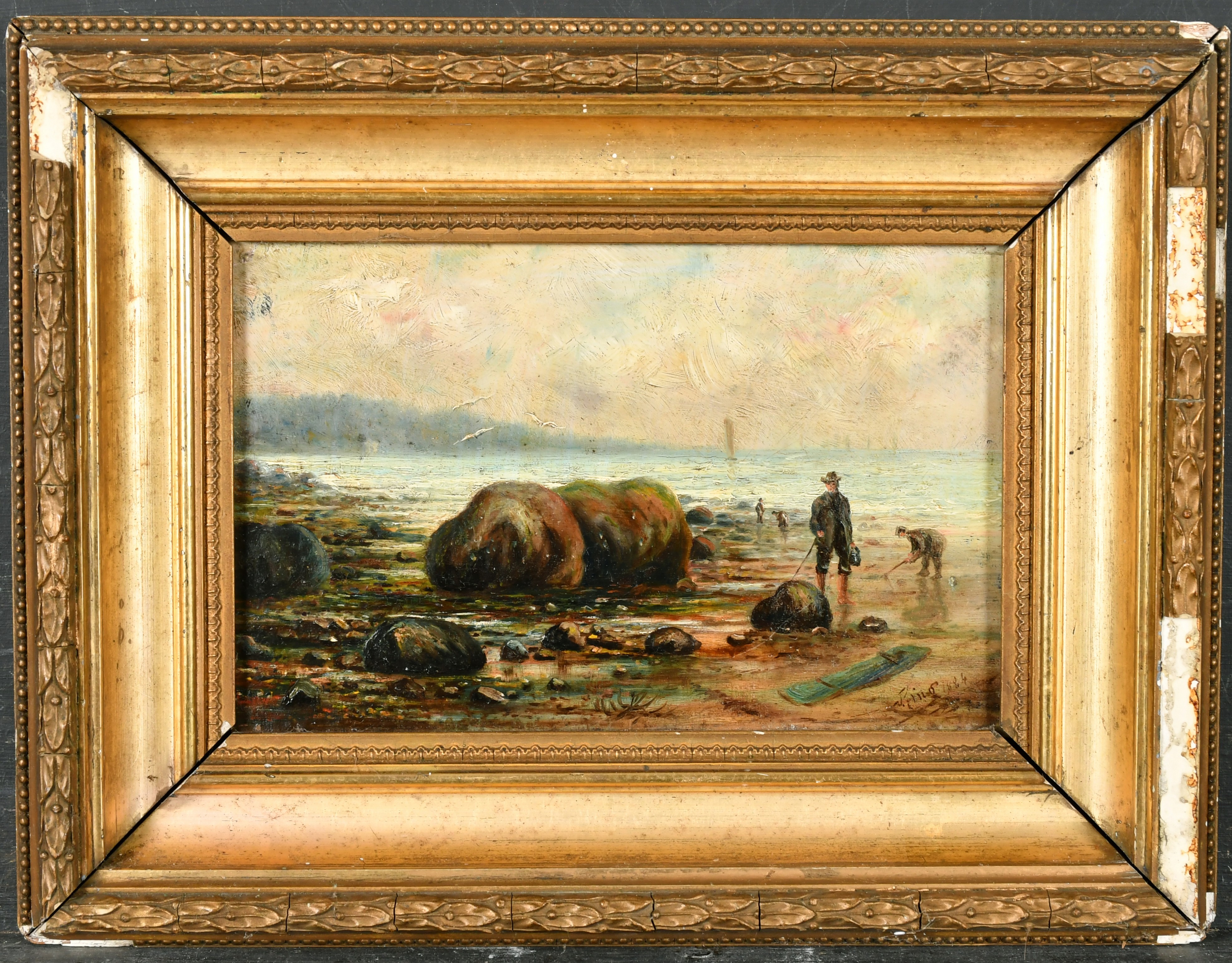 19th Century English School. A Beach Scene with Figures, Oil on board, indistinctly signed and dated - Image 2 of 4