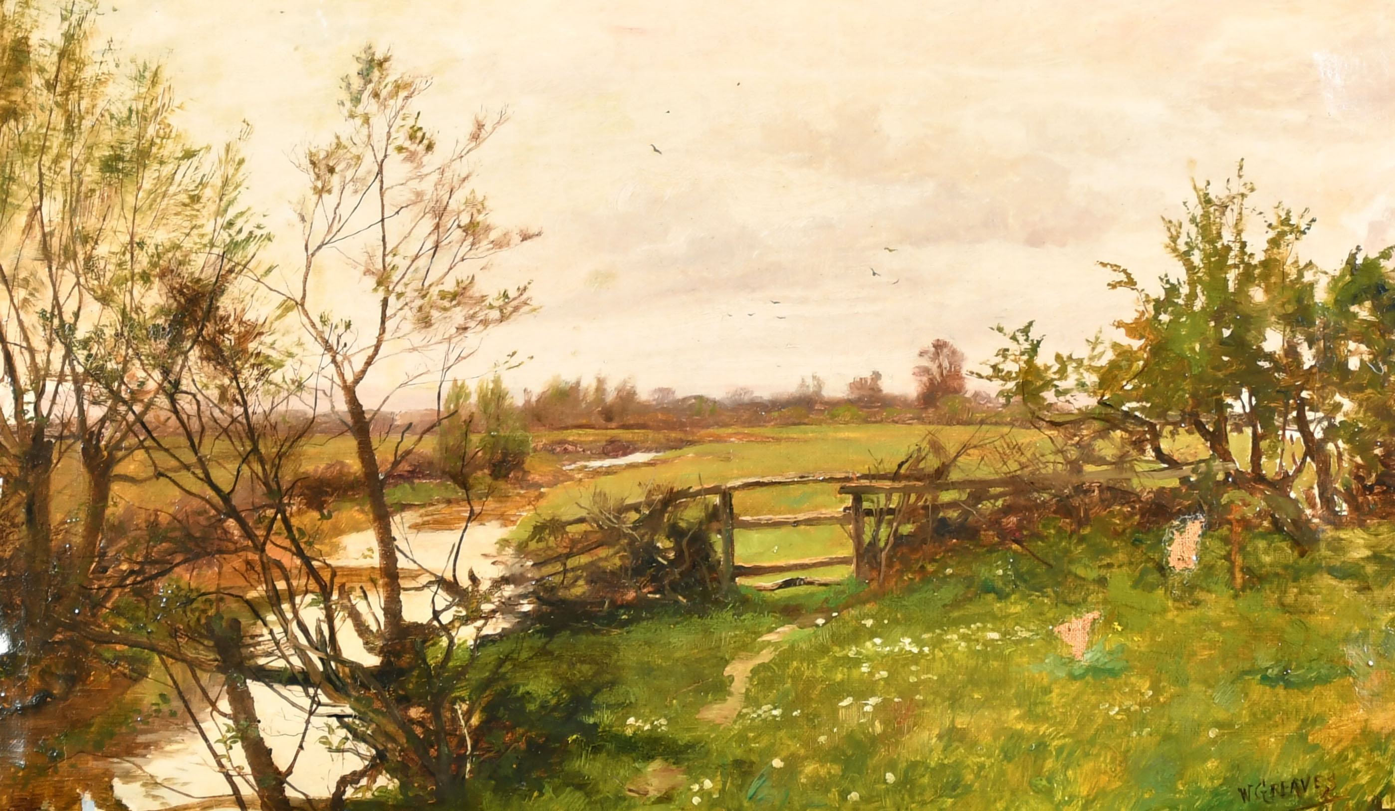 William Greaves (1852-1938) British. A Tranquil River Landscape, Oil on canvas, Signed, 12" x 20" (