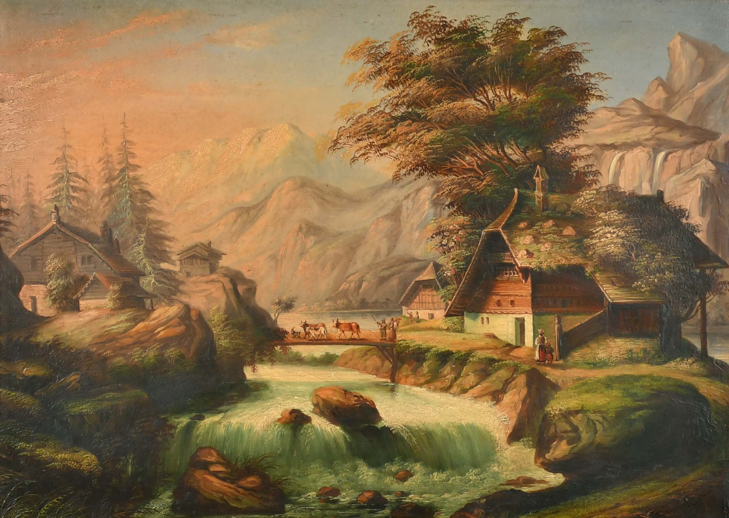 19th Century European School. A Mountainous River Landscape, Oil on metal, Indistinctly signed and