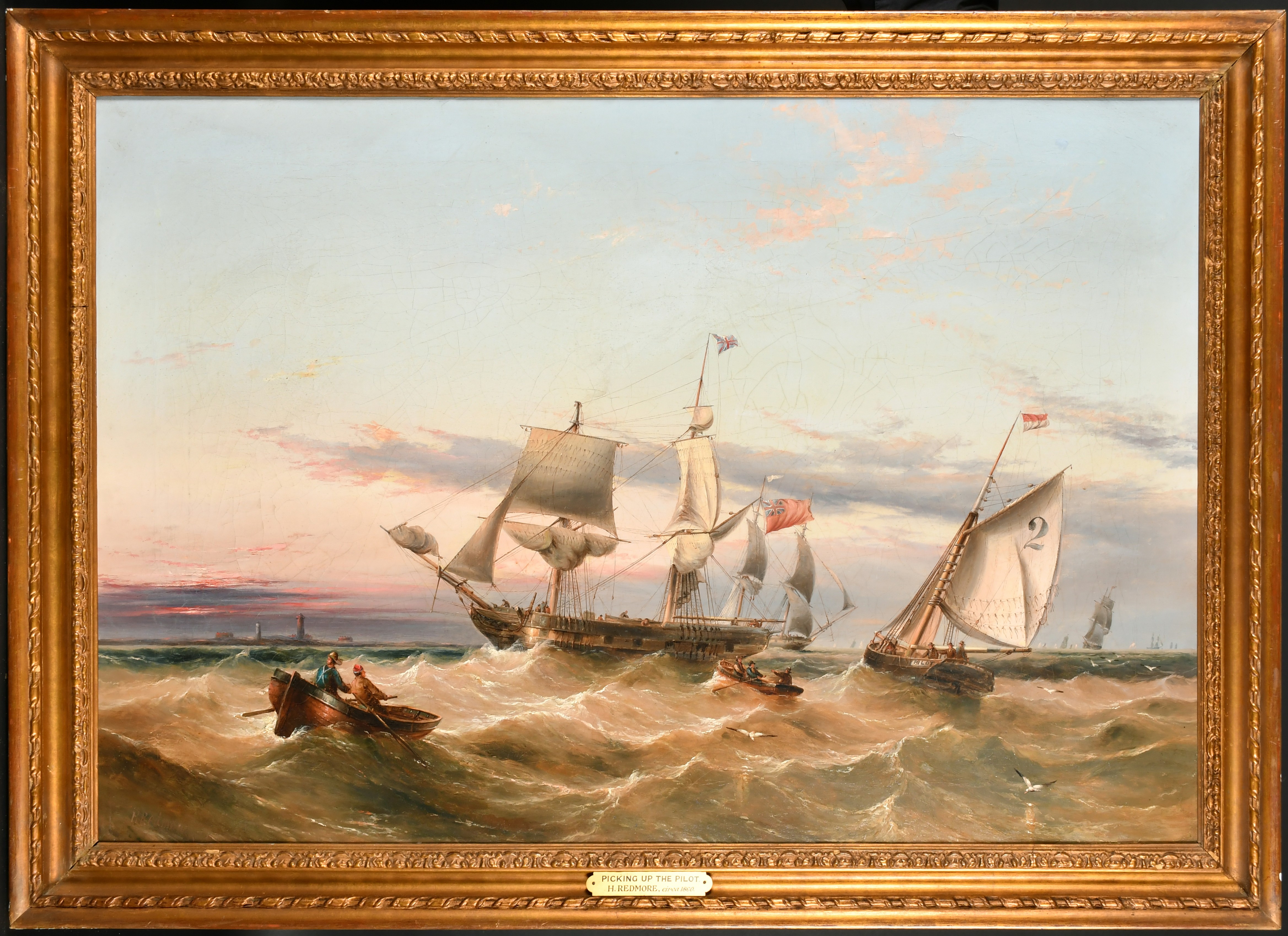 Henry Redmore (1820-1887) British. "Picking up the Pilot", Oil on canvas, Signed, 24" x 36" (61 x - Image 2 of 8