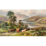 A Lewis (19th-20th Century) British. A Highland Landscape with Drover and Cattle, Oil on canvas,