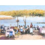 Bob Richardson (1938- ) British. A Lakeside Cafe Scene, Pastel, Signed in pencil, 18" x 22.5" (45.