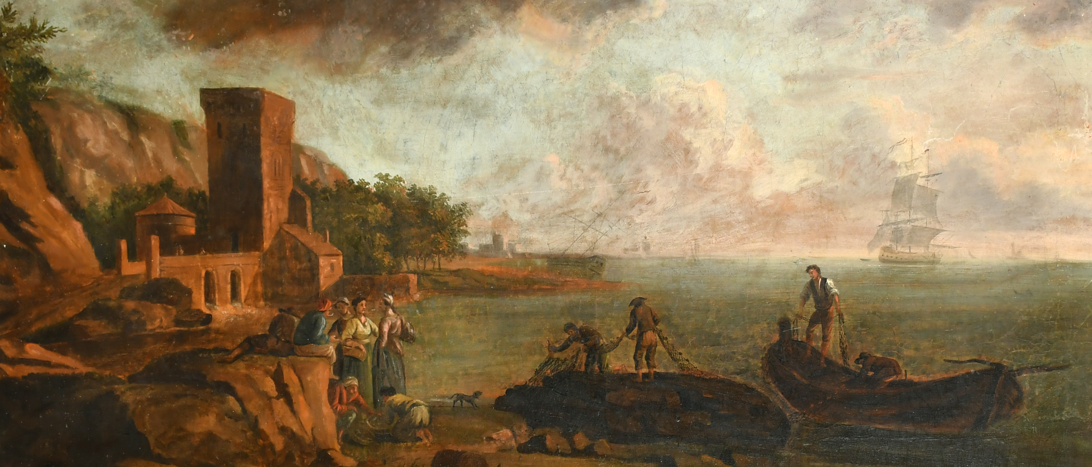 18th Century Italian School. A Mediterranean Coastal Scene with Figures, Oil on Canvas laid down, - Image 4 of 5