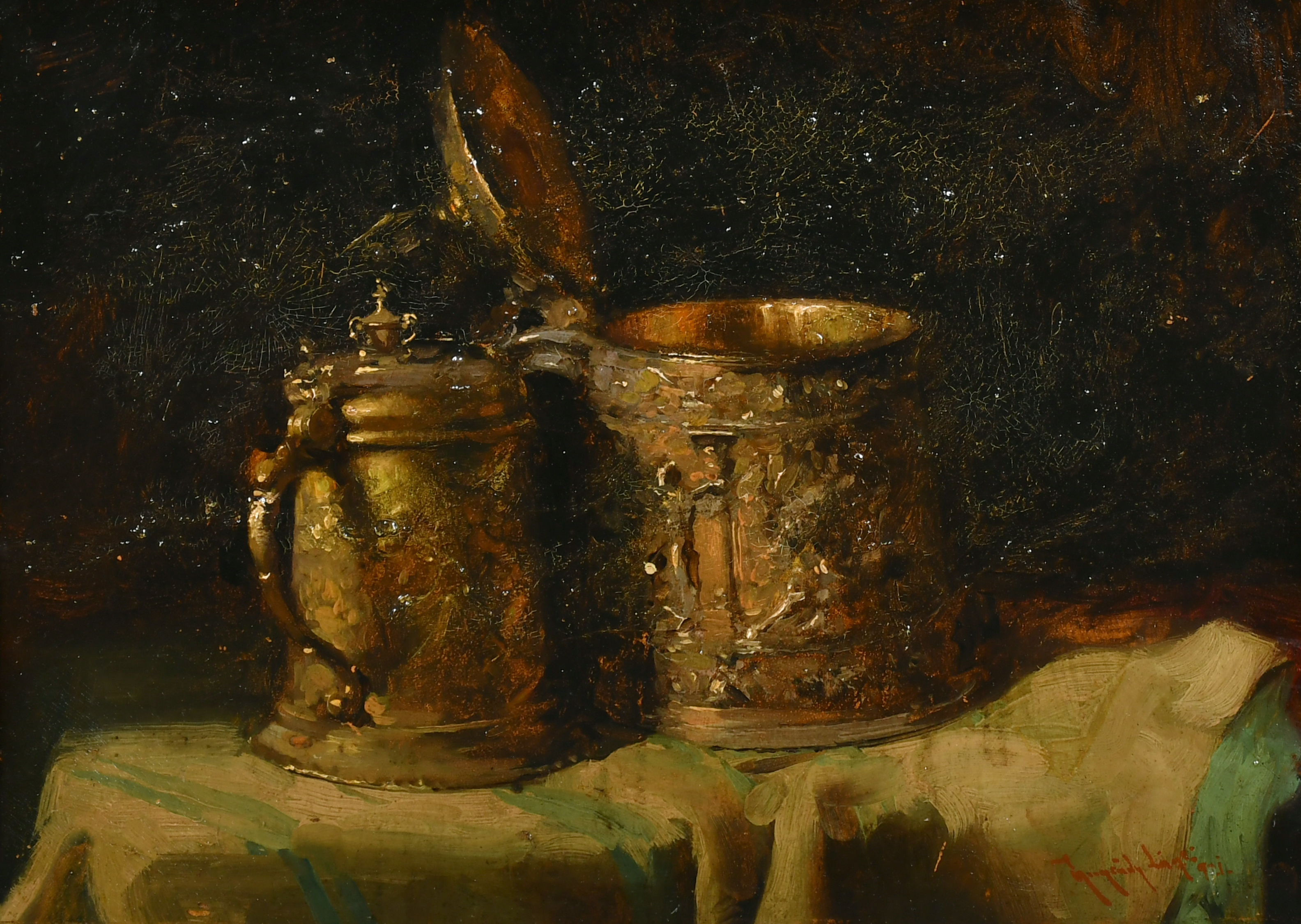 Early 20th Century European School. Still Life of Tankards, Oil on board, Indistinctly signed, 11.