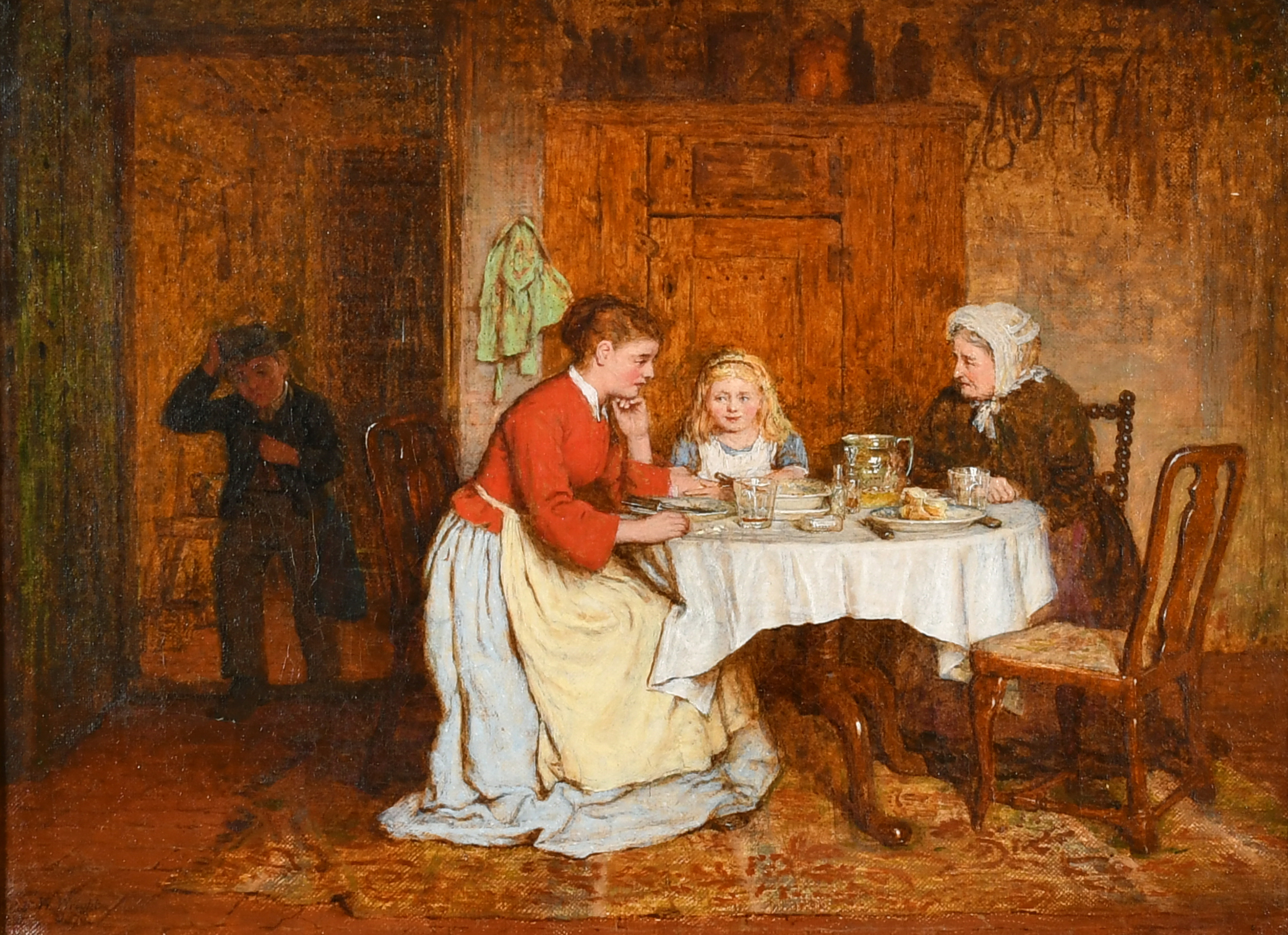 Robert William Wright (1870-1906) British. A Cottage Interior with Figures, Oil on canvas, Signed