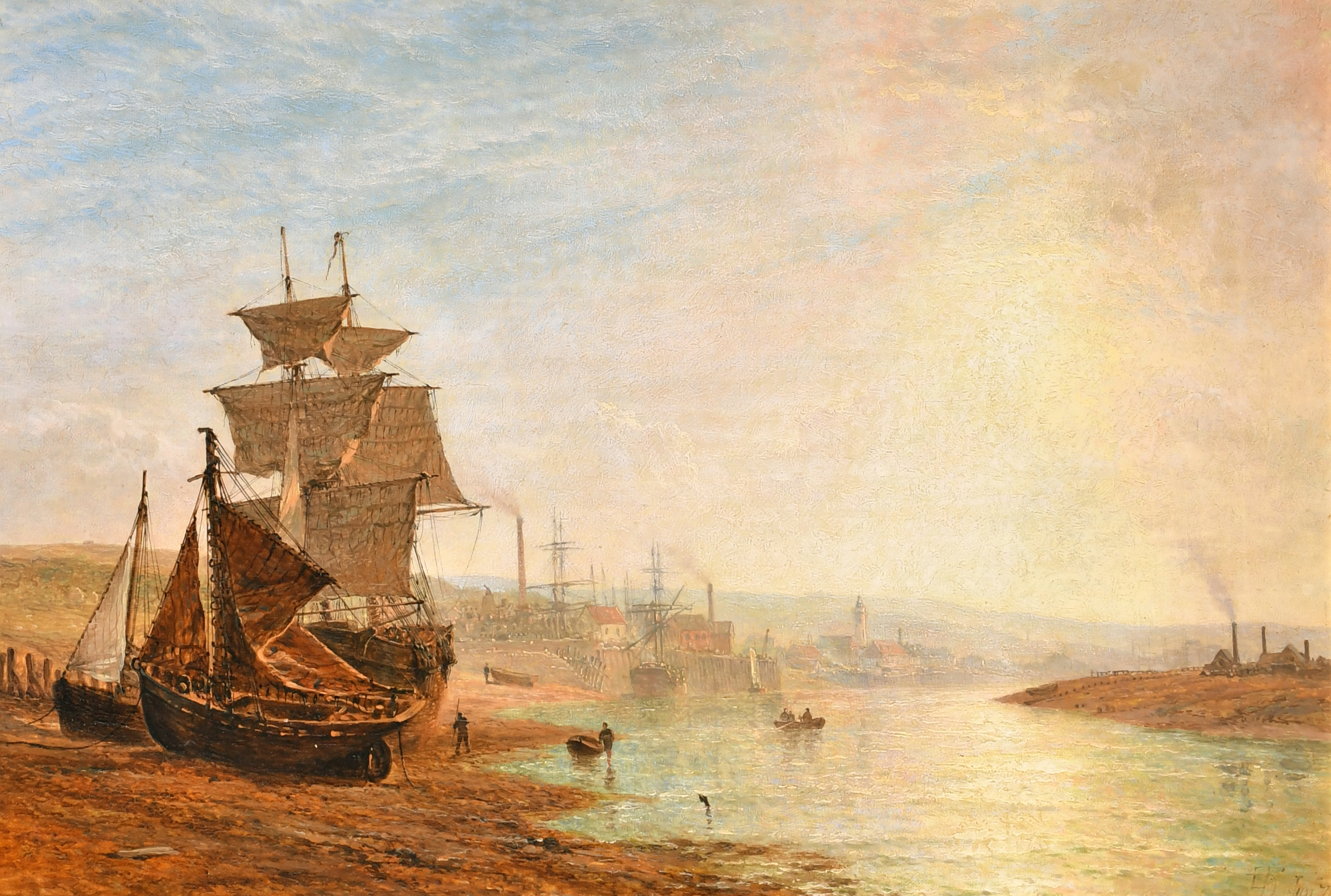Henry Thomas Dawson (1842-1918) British. "Shoreham Harbour and Brighton", Oil on canvas, Signed with