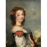 19th Century French School. A Young Girl Holding a Falcon, Oil on canvas, In an ornate gilt