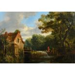 Edward Williams (1782-1855) British. Figures Fishing in a Mill Pond, Oil on canvas, Inscribed on a