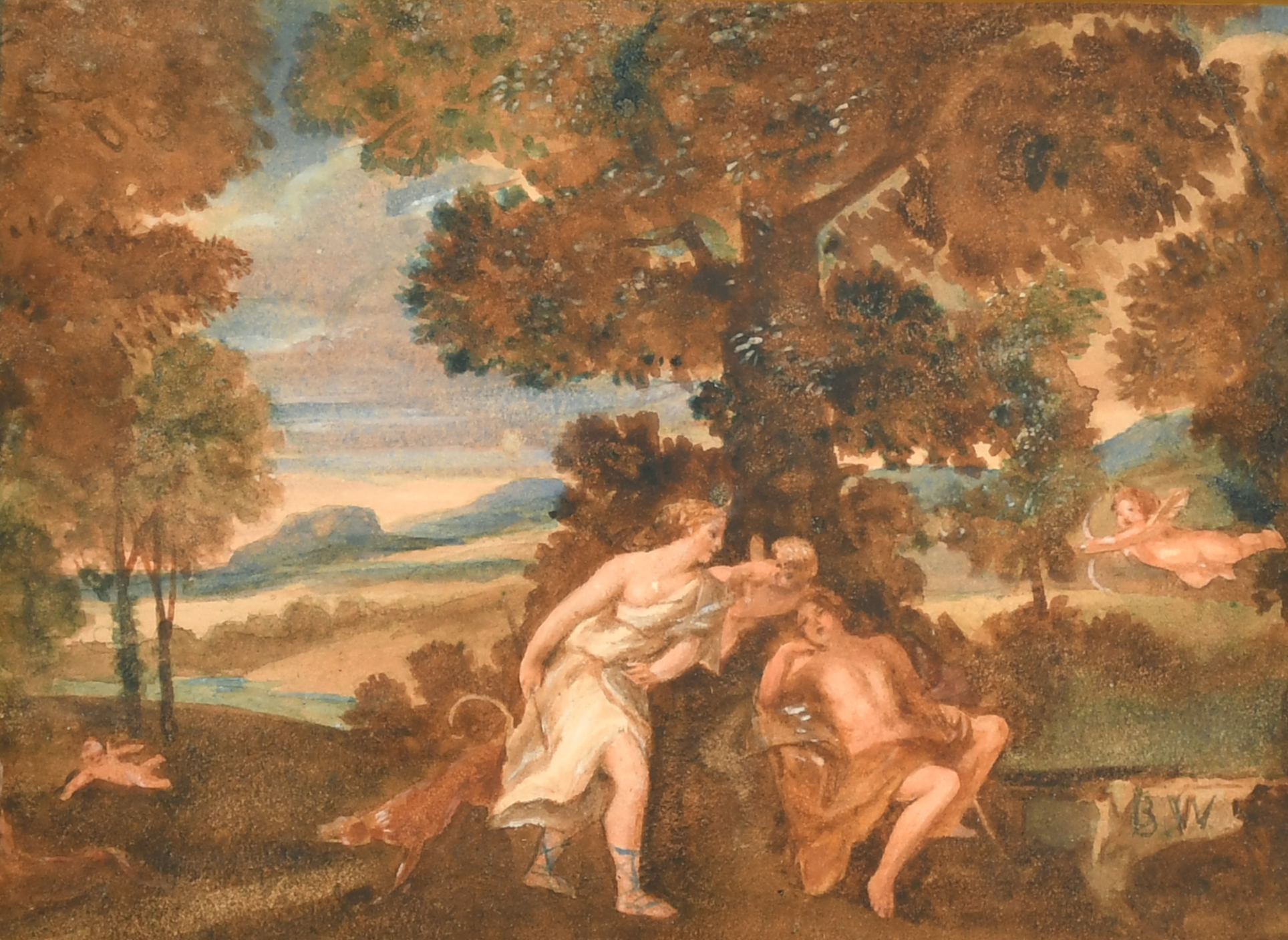 Circle of Benjamin West (1738-1820) British. Venus and Adonis, Watercolour, Bears initials,