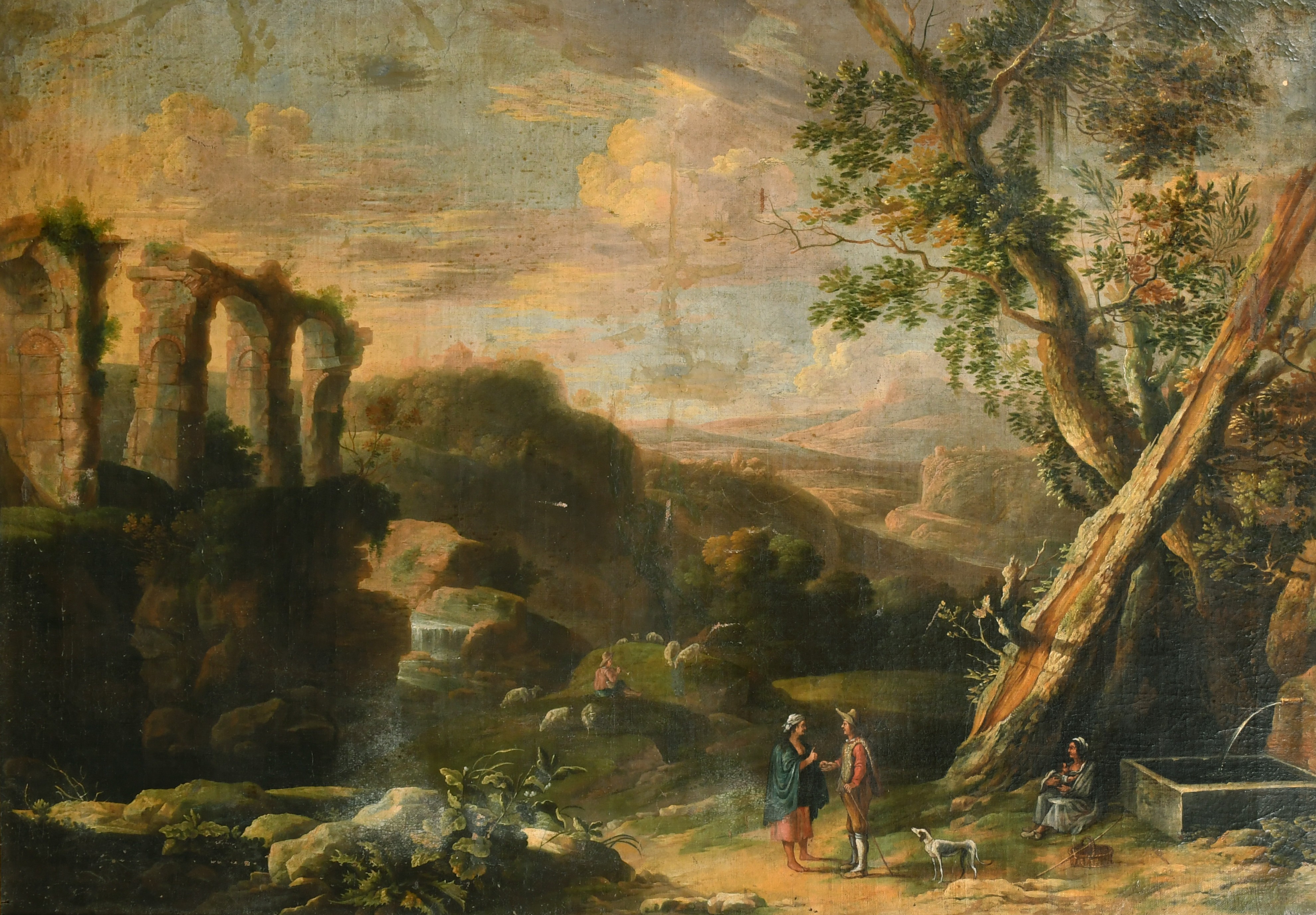 17th Century Italian School. Figures in a Classical Landscape, Oil on canvas, 32" x 46.25" (81.3 x