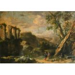 17th Century Italian School. Figures in a Classical Landscape, Oil on canvas, 32" x 46.25" (81.3 x