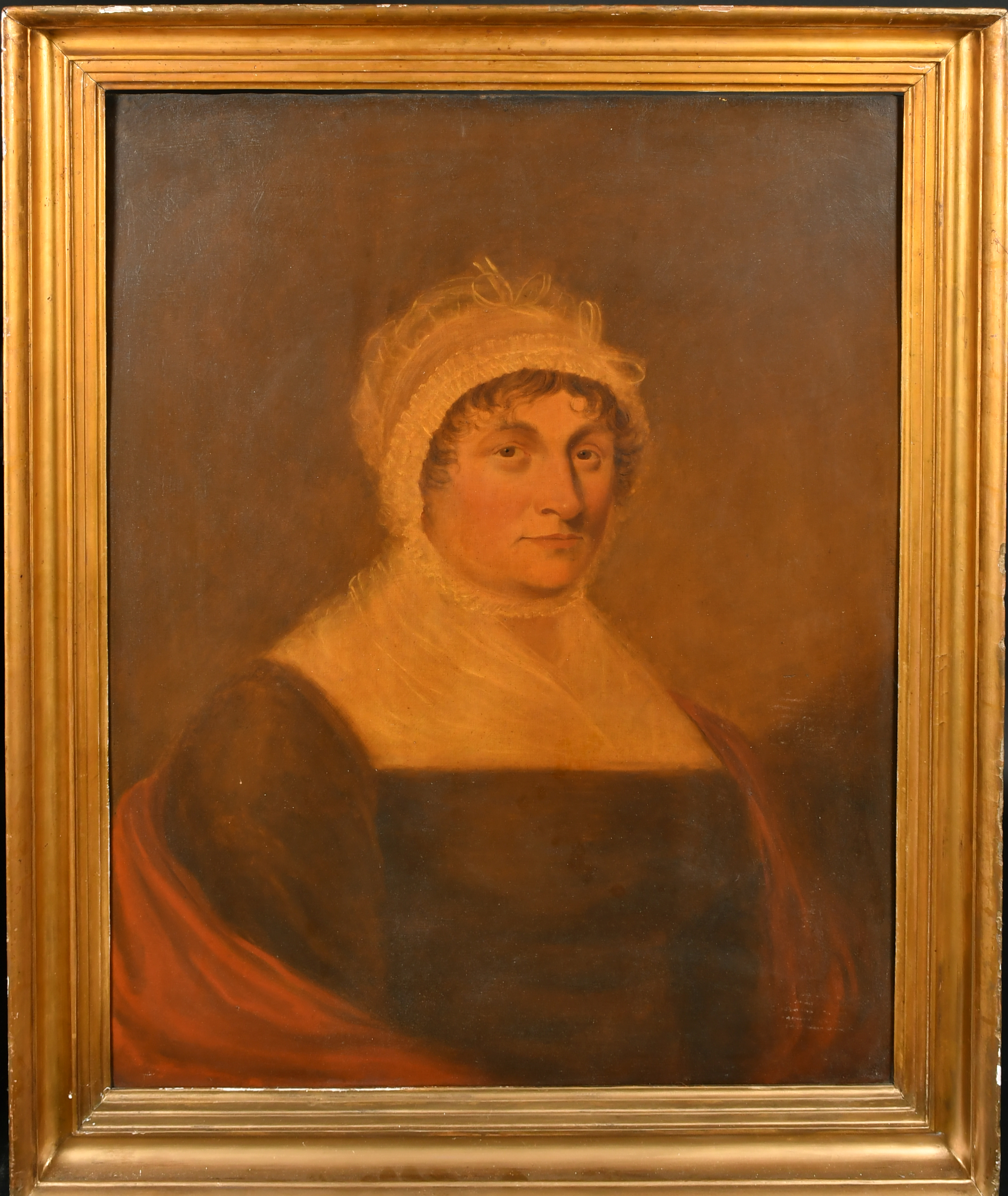 19th Century English School. Bust Portrait of a Lady, Oil on panel, In a hollow gilt frame, 29.5" - Image 2 of 3