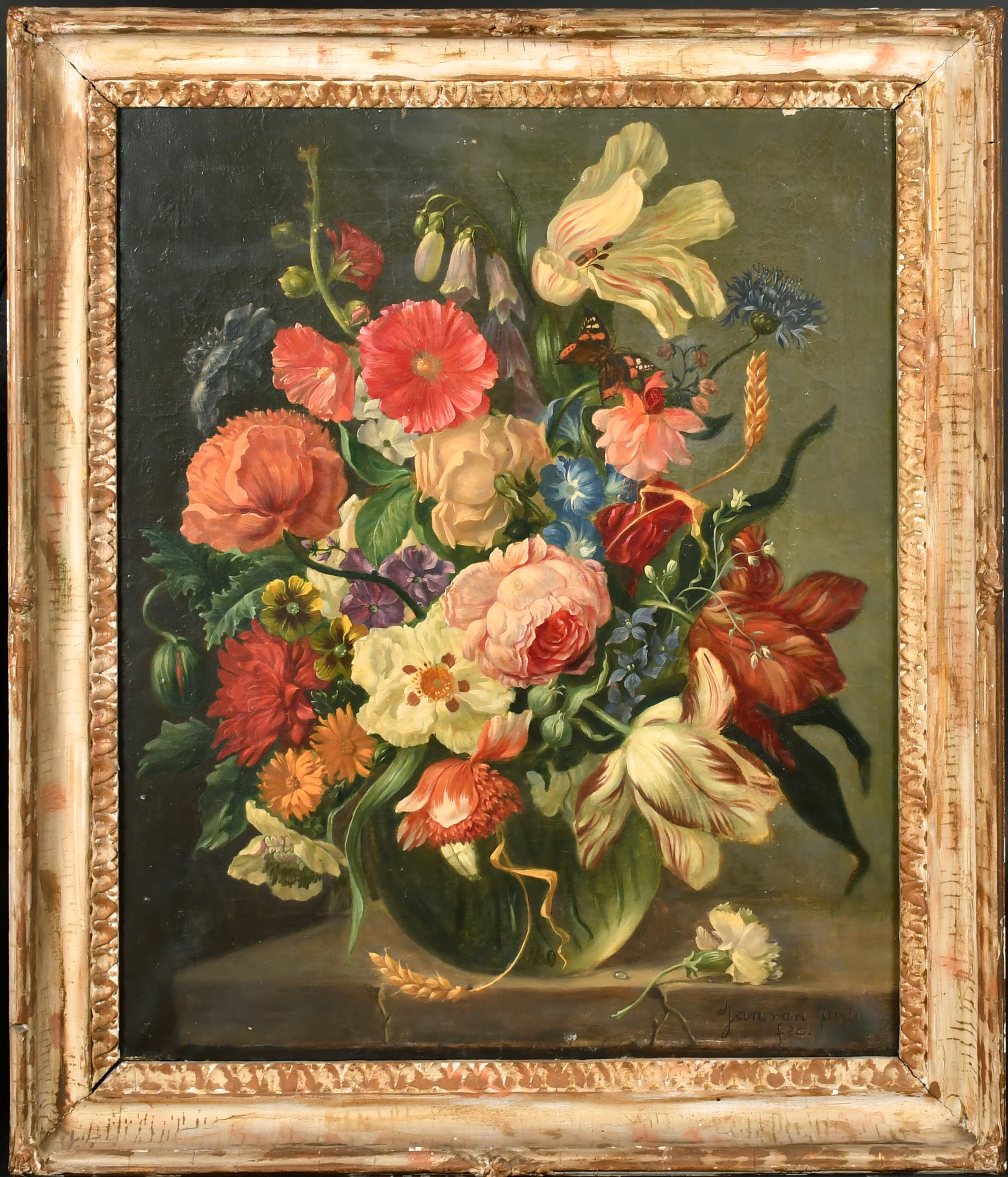 Jan van Justus (20th Century) European. Still Life of Flowers in a Glass Vase, Oil on canvas, - Image 2 of 4