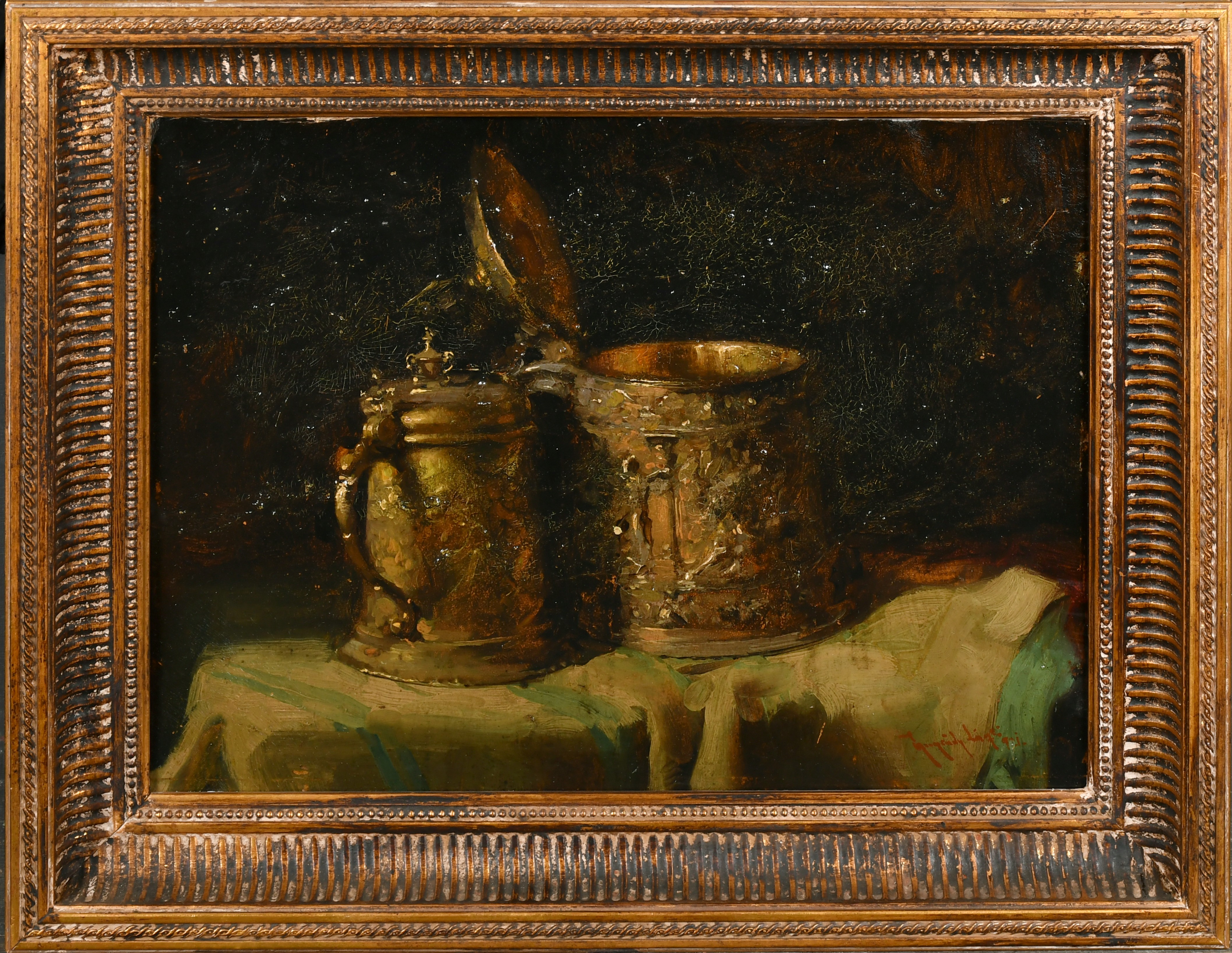 Early 20th Century European School. Still Life of Tankards, Oil on board, Indistinctly signed, 11. - Image 2 of 4