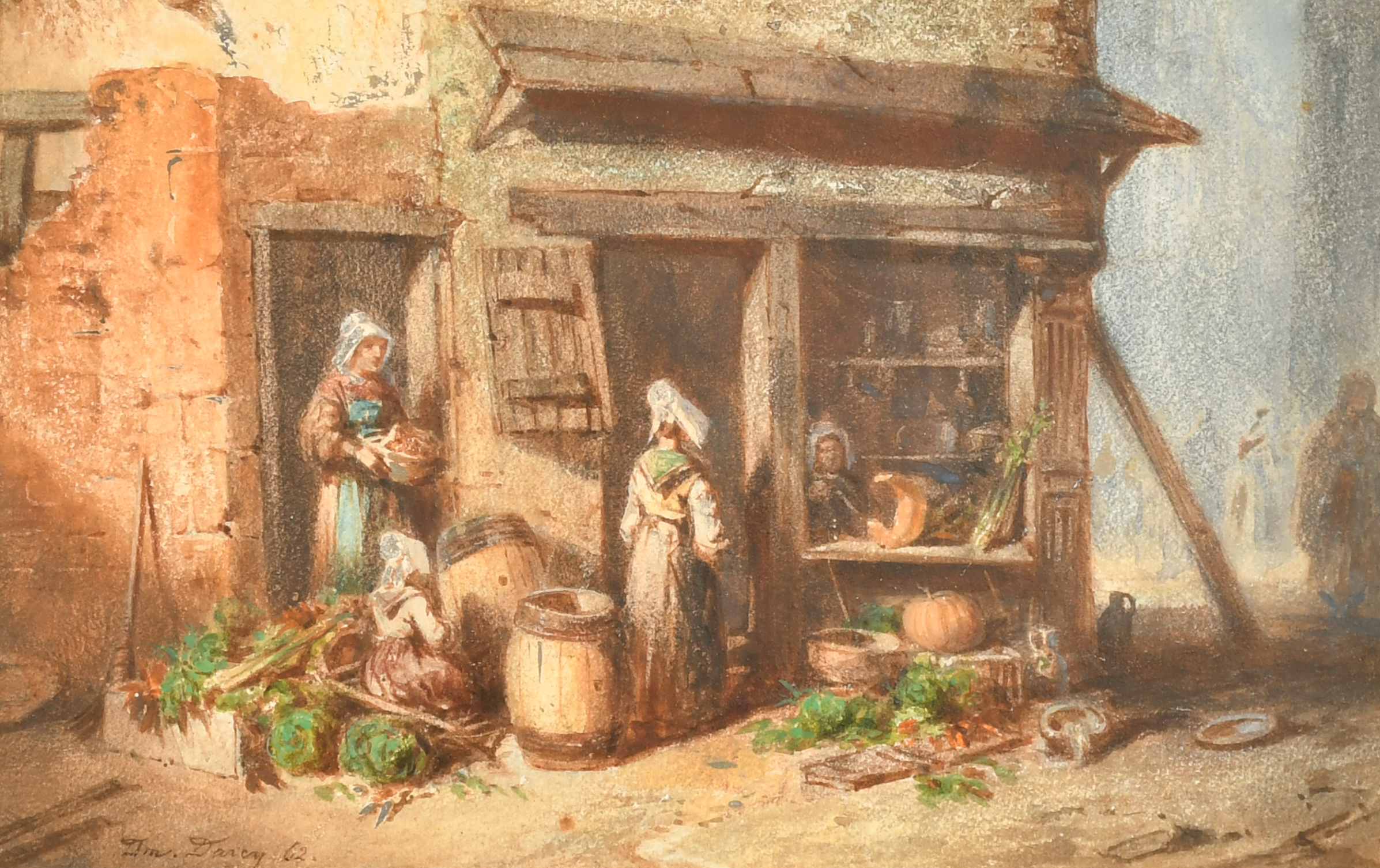 Thomas Darcy (19th Century) British. Figures by a Grocers, Watercolour, Signed and dated '62, 6" x