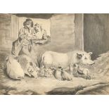 Circle of George Morland (1763-1804) British. 'Pigs and Piglets in a Sty, with a Yokel and