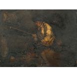 Early 19th Century English School. Study of a Man Fishing, Oil on panel, Unframed 10.25" x 13.25" (