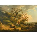 George Morland (1763-1804) British. A Hunting Scene with an Unseated Rider, Oil on canvas, Signed,