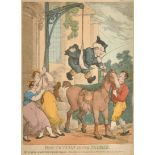 Thomas Rowlandson (1756-1827) British. "How to Vault in the Saddle", Hand coloured etching, 12" x 9"