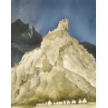 David Gentleman (1930- ) British. "Crag with Castle near Sheh, Ladakh", Watercolour, Signed, and