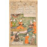 Late 17th Century Persian School. "Rustam Visiting Kay Khusraw", Ink, wash and gold, Inscribed,