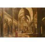 Circle of Pieter Neefs (1620-1675) Flemish. Figures in a Cathedral Interior, Oil on panel, 17" x