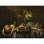 Manner of Joris van Son (1623-1667) Flemish. Still Life with Fruit and Oysters, Oil on canvas, 17" x