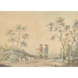 William Woollett (1735-1785) British. 'Two Huntsmen with Dogs in a Landscape', Watercolour,