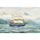 Henry Scott (1911-2005) British. "HMS Bounty off Tahiti", Oil on artist's board, Signed, and