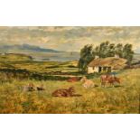 Circle of John Emms (1843-1912) British. Children and Cattle in a Field, Oil on board, with
