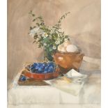 Pamela Kay (1939- ) British. "Damsons with Eggs in a Gallipot", Watercolour, Signed in pencil, and