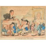 George Moutard Woodward (1760-1809) British. "A Lilliputian Auction", Hand coloured engraving by