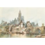 Paul Marny (1829-1914) French. A French Town Scene from the River, Watercolour, Signed and