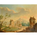 Late 18th Century European School. A Mountainous Landscape with Figures by Buildings, Oil on canvas,