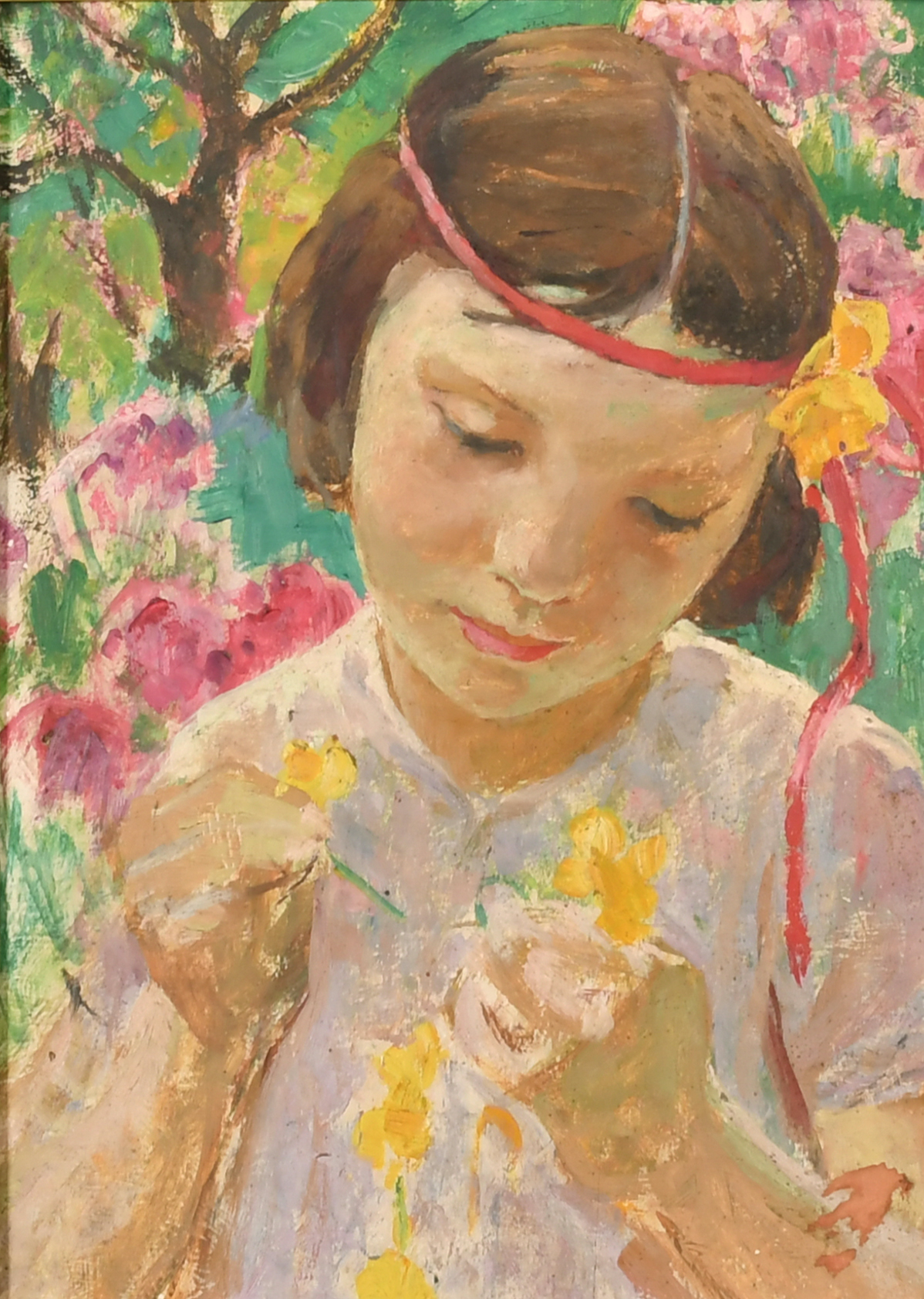 Early 20th Century English School. Young Girl with Flowers, Oil on panel, 14" x 10" (35.5 x 25.4cm)