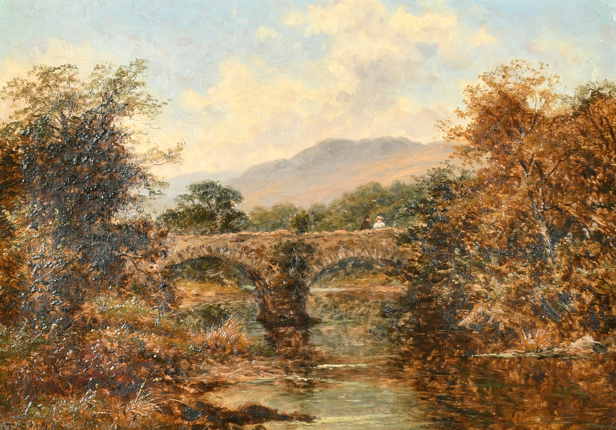 Thomas Spinks (1847-1927) British. A River Landscape with Figures on a Bridge, Oil on canvas,