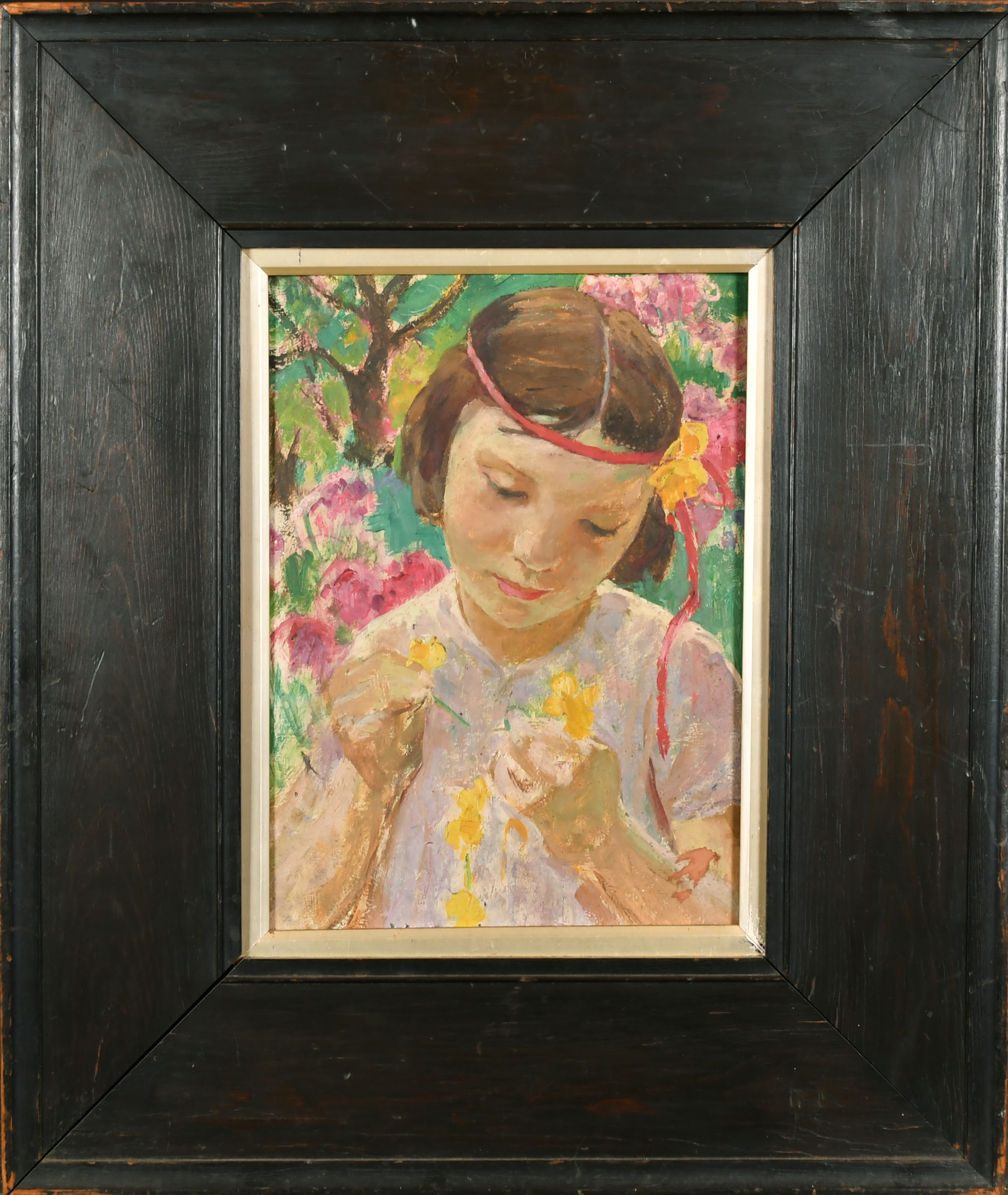 Early 20th Century English School. Young Girl with Flowers, Oil on panel, 14" x 10" (35.5 x 25.4cm) - Image 2 of 3