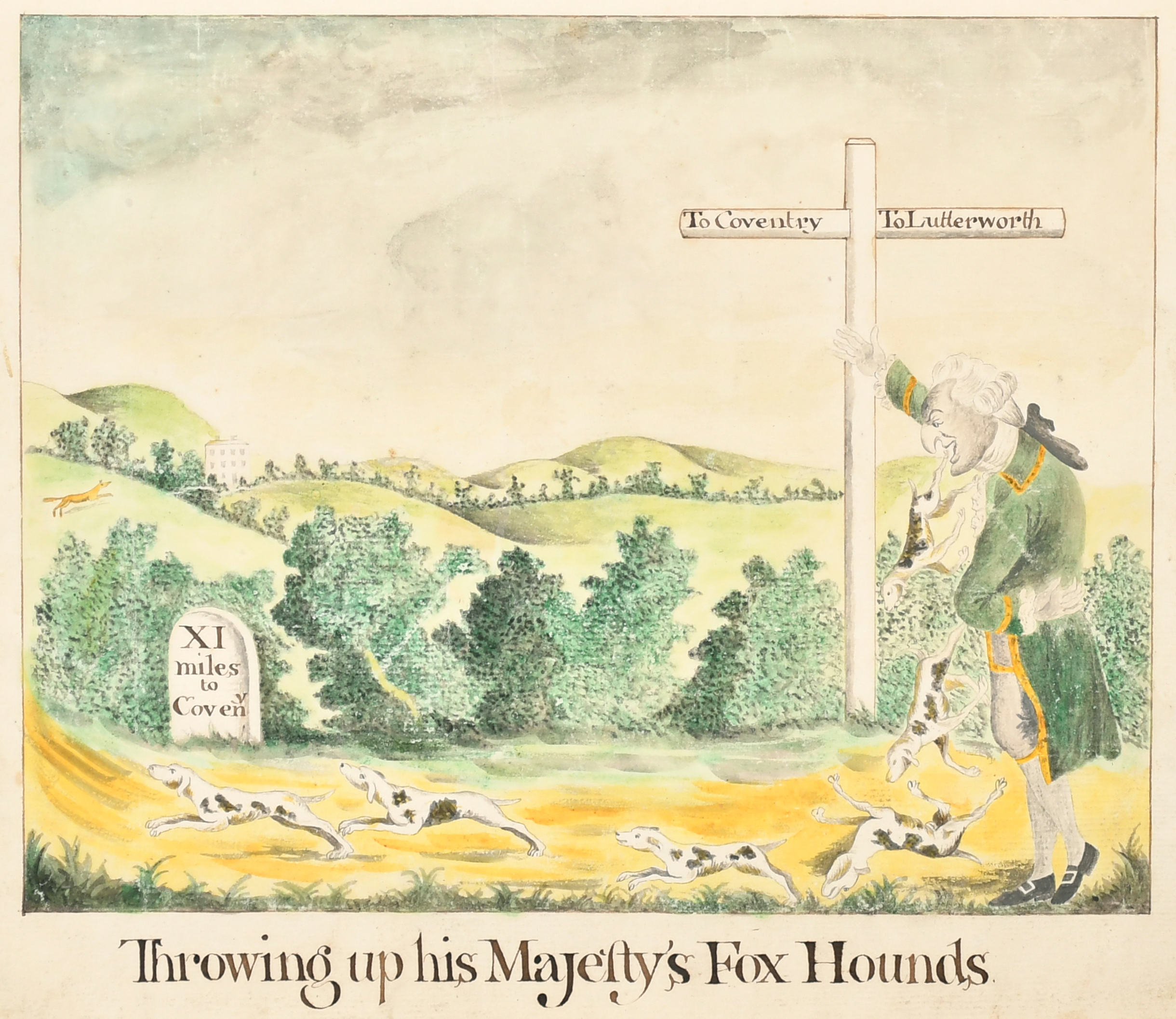 Early 19th Century English School. "Throwing Up His Majesty's Fox Hounds", Watercolour and ink,