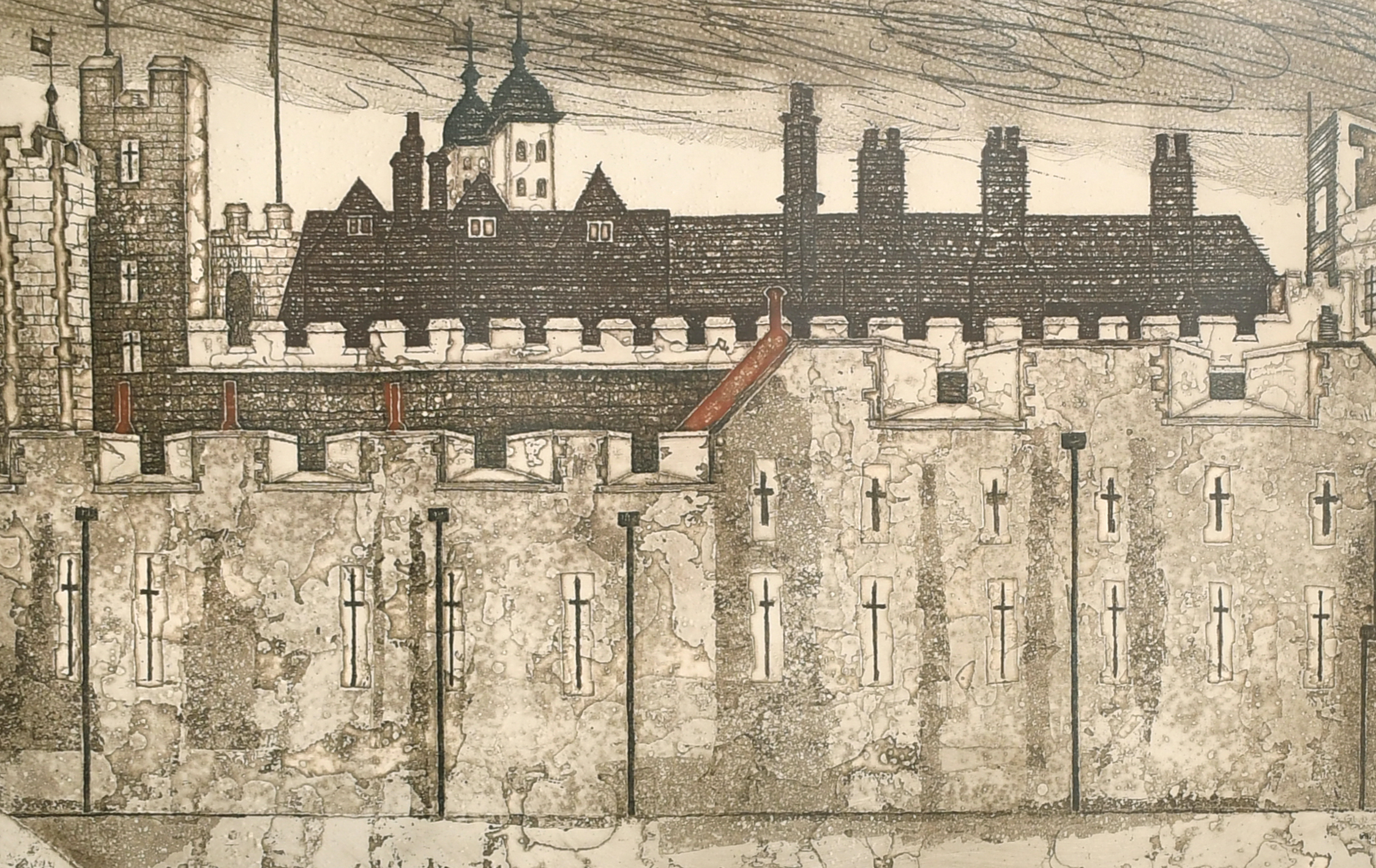 Valerie Thornton (1931-1991) British. "The Tower of London", Etching, aquatint in colours, Signed,