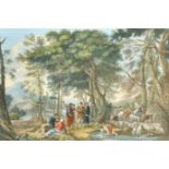 18th Century European School. Figures at a Watering Hole, Hand coloured engraving, with eglomise
